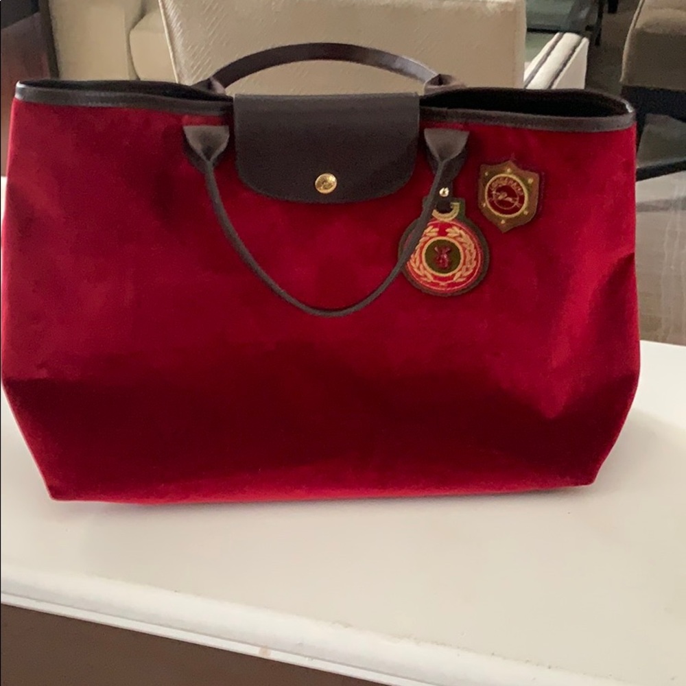 Longchamp handbag velvet tote brown/red.
